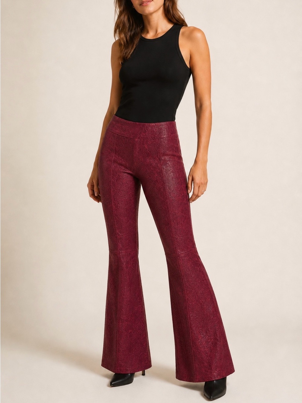 Genuine Leather Paisley Embossed Flare Pants Burgundy Y2K Brazil Sz 40